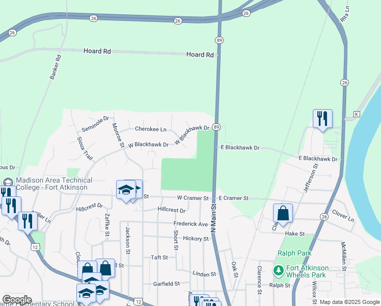 map of restaurants, bars, coffee shops, grocery stores, and more near 252 West Blackhawk Drive in Fort Atkinson