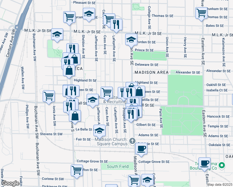 map of restaurants, bars, coffee shops, grocery stores, and more near 1134 Lafayette Avenue Southeast in Grand Rapids