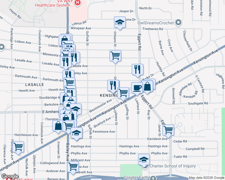 map of restaurants, bars, coffee shops, grocery stores, and more near 574 Stockbridge Avenue in Buffalo