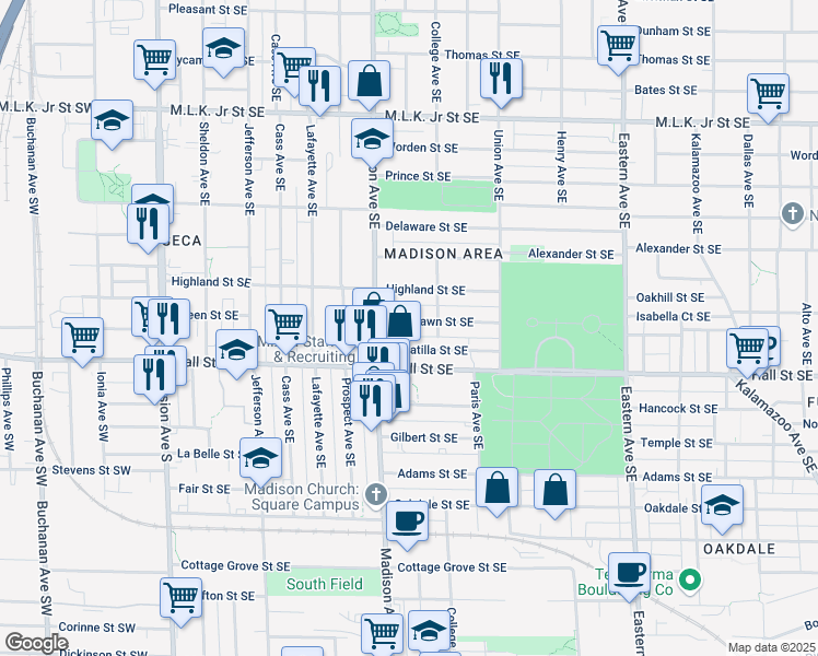 map of restaurants, bars, coffee shops, grocery stores, and more near 430 Woodlawn Street Southeast in Grand Rapids