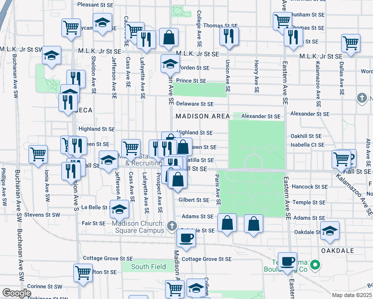 map of restaurants, bars, coffee shops, grocery stores, and more near 428 Woodlawn Street Southeast in Grand Rapids