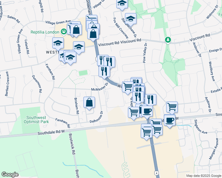 map of restaurants, bars, coffee shops, grocery stores, and more near 931 Wonderland Road South in London