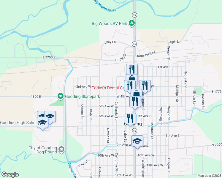 map of restaurants, bars, coffee shops, grocery stores, and more near 337 Nevada Street in Gooding