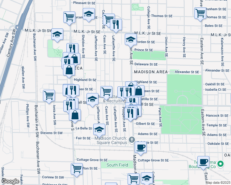 map of restaurants, bars, coffee shops, grocery stores, and more near 1138 Lafayette Avenue Southeast in Grand Rapids