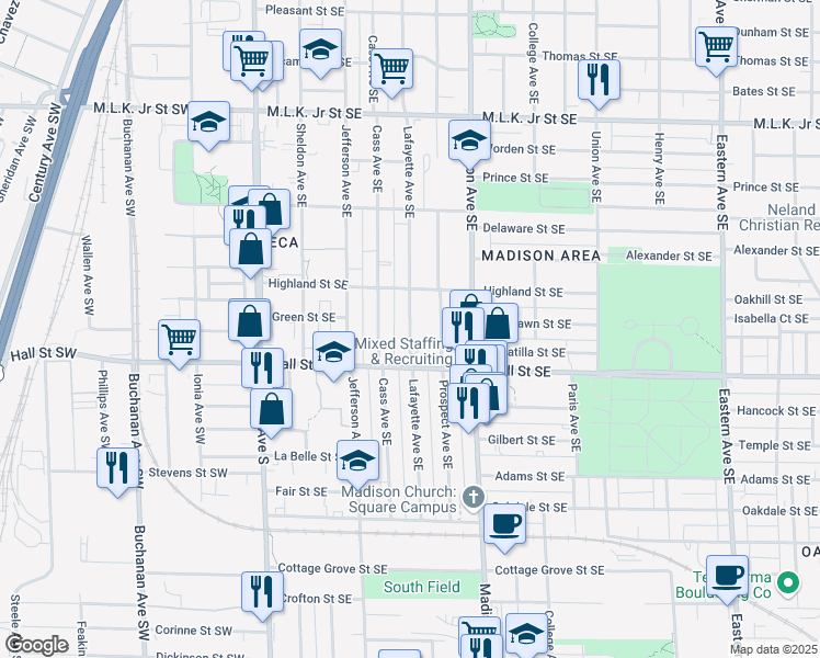 map of restaurants, bars, coffee shops, grocery stores, and more near 1136 Lafayette Avenue Southeast in Grand Rapids