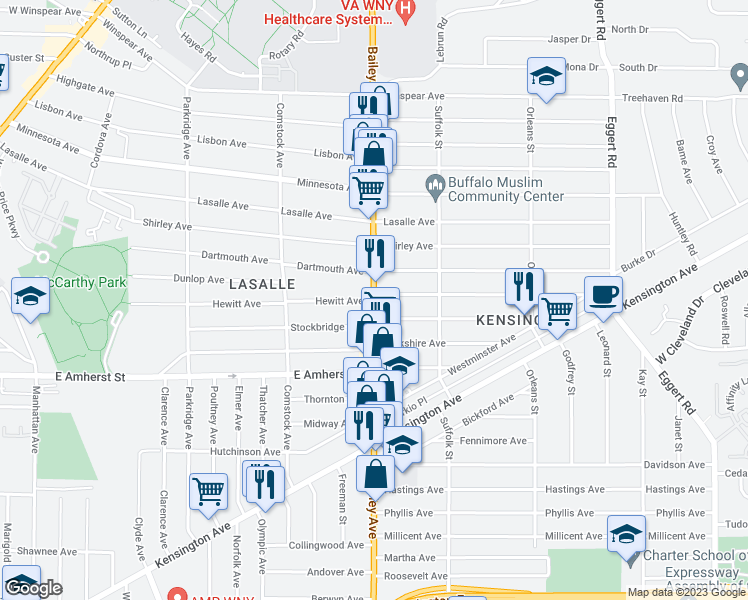 map of restaurants, bars, coffee shops, grocery stores, and more near 3217 Bailey Avenue in Buffalo