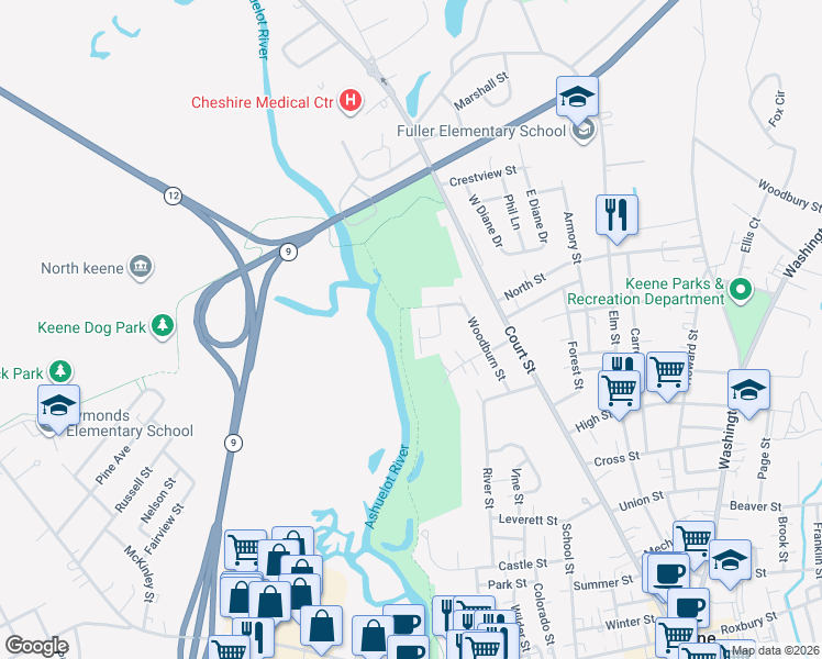 map of restaurants, bars, coffee shops, grocery stores, and more near 54 Harmony Lane in Keene