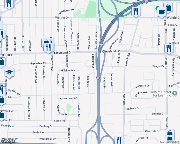 map of restaurants, bars, coffee shops, grocery stores, and more near 22 Elaine Court in Buffalo