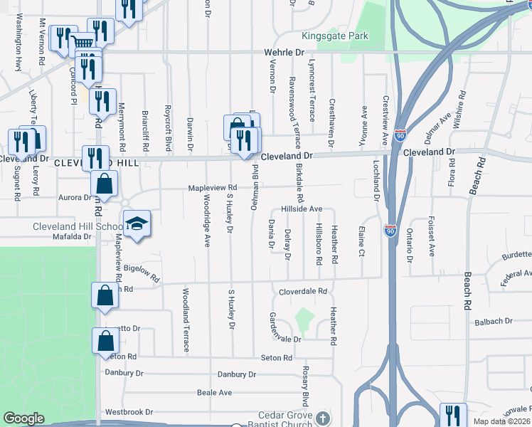 map of restaurants, bars, coffee shops, grocery stores, and more near 58 Dania Drive in Buffalo