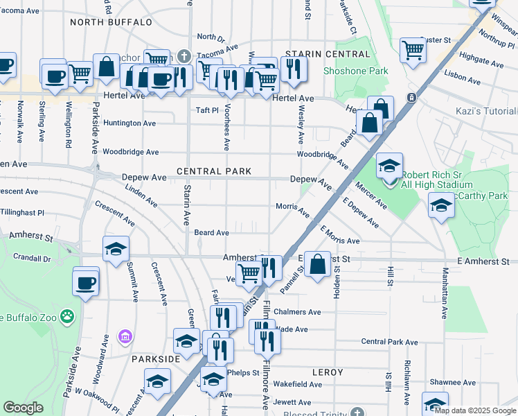 map of restaurants, bars, coffee shops, grocery stores, and more near 100 Beard Avenue in Buffalo