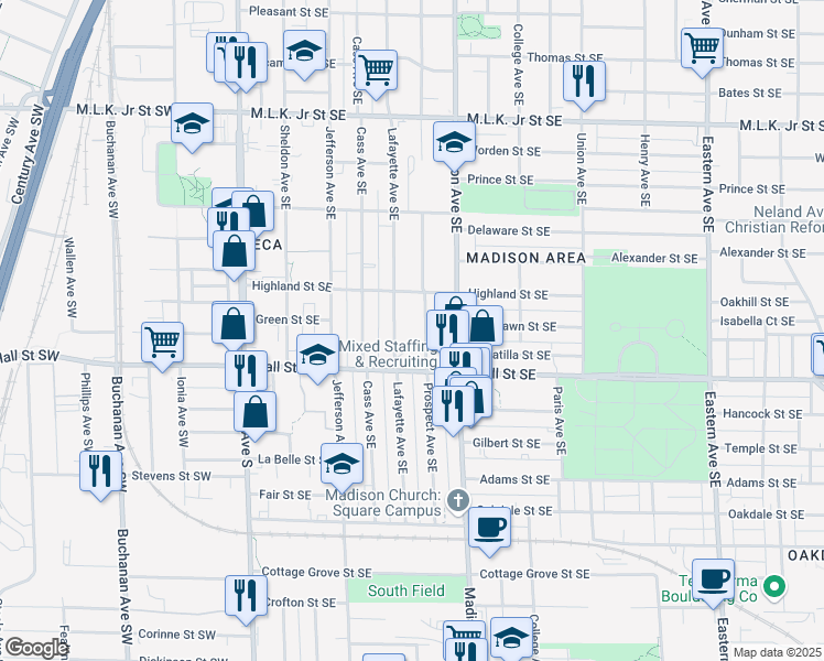 map of restaurants, bars, coffee shops, grocery stores, and more near 1153 Prospect Avenue Southeast in Grand Rapids