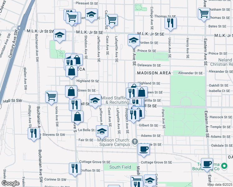 map of restaurants, bars, coffee shops, grocery stores, and more near 1159 Lafayette Avenue Southeast in Grand Rapids
