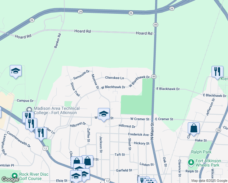 map of restaurants, bars, coffee shops, grocery stores, and more near 1008 Monroe Street in Fort Atkinson