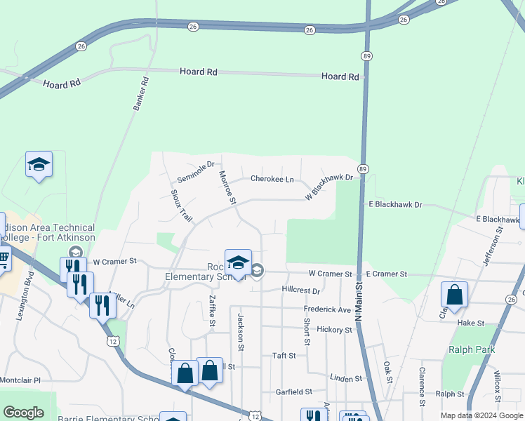 map of restaurants, bars, coffee shops, grocery stores, and more near 1018 Monroe Street in Fort Atkinson