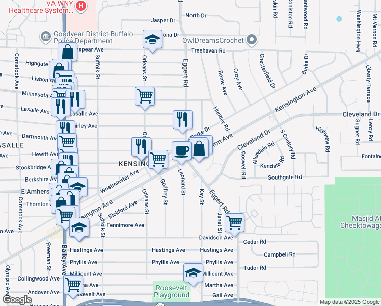 map of restaurants, bars, coffee shops, grocery stores, and more near 1440 Kensington Avenue in Buffalo