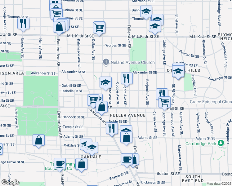 map of restaurants, bars, coffee shops, grocery stores, and more near 1127 Cooper Avenue Southeast in Grand Rapids