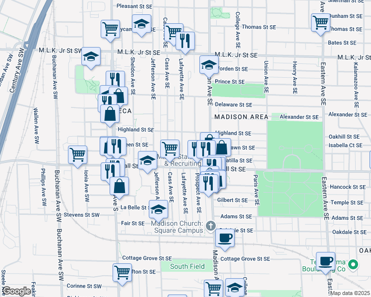 map of restaurants, bars, coffee shops, grocery stores, and more near 1136 Lafayette Avenue Southeast in Grand Rapids