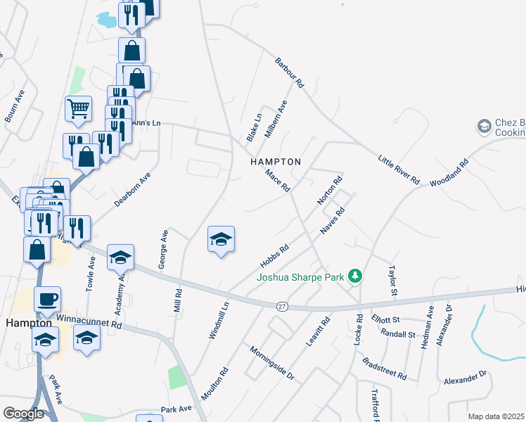 map of restaurants, bars, coffee shops, grocery stores, and more near 10 Janet Lane in Hampton