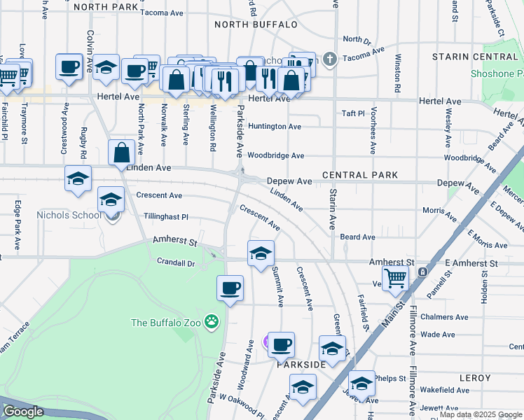 map of restaurants, bars, coffee shops, grocery stores, and more near 480 Woodward Avenue in Buffalo