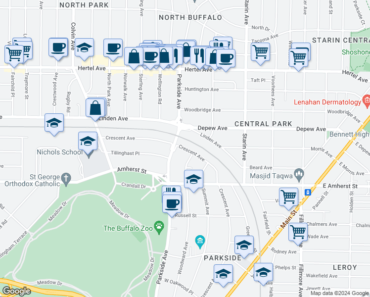 map of restaurants, bars, coffee shops, grocery stores, and more near 480 Woodward Avenue in Buffalo