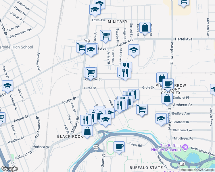 map of restaurants, bars, coffee shops, grocery stores, and more near 159 Howell Street in Buffalo