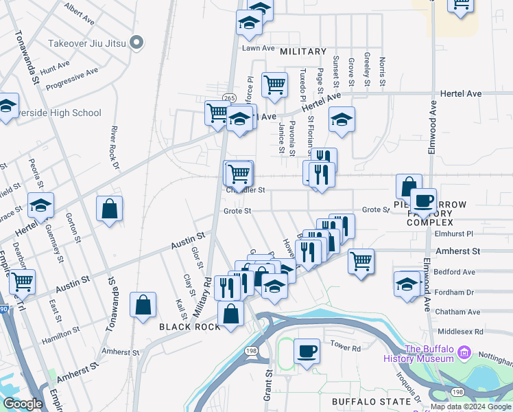 map of restaurants, bars, coffee shops, grocery stores, and more near 168 Peter Street in Buffalo