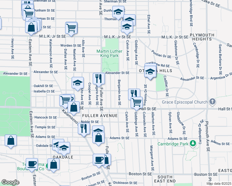 map of restaurants, bars, coffee shops, grocery stores, and more near 1124 Underwood Avenue Southeast in Grand Rapids