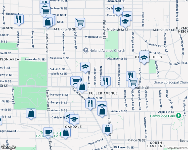 map of restaurants, bars, coffee shops, grocery stores, and more near 1127 Cooper Avenue Southeast in Grand Rapids