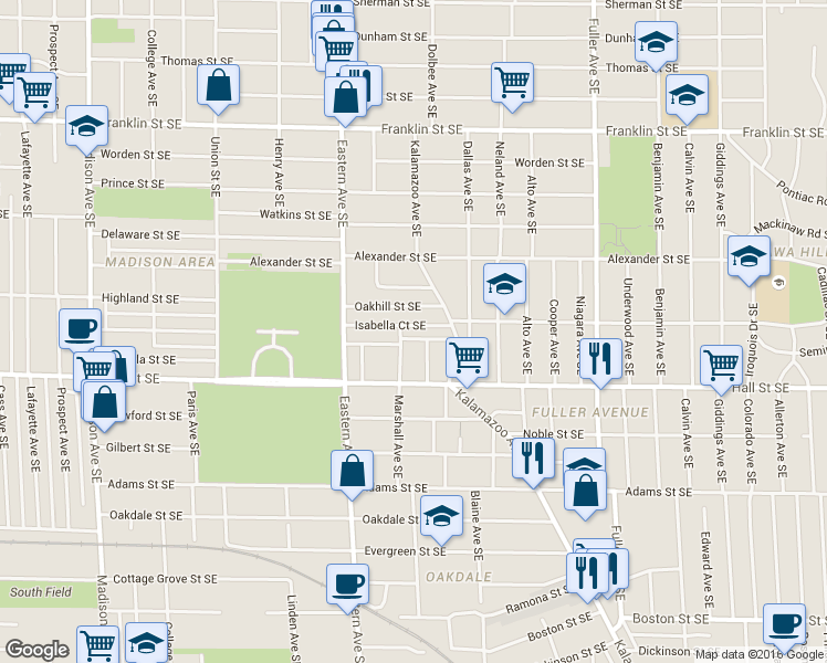 map of restaurants, bars, coffee shops, grocery stores, and more near 1139 Marshall Avenue Southeast in Grand Rapids