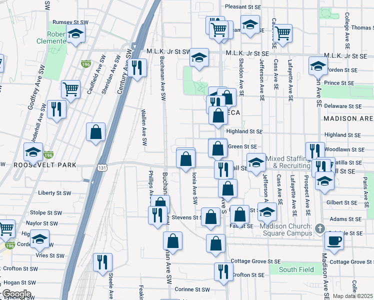 map of restaurants, bars, coffee shops, grocery stores, and more near 125 Hall Street Southwest in Grand Rapids