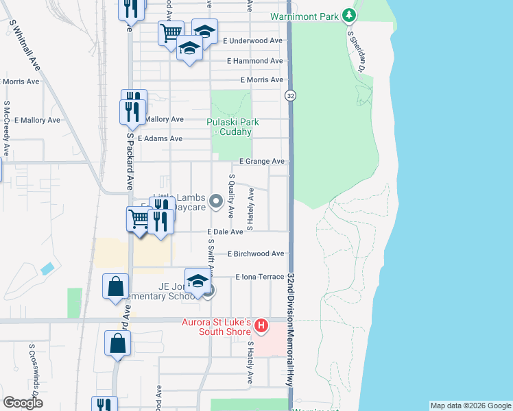 map of restaurants, bars, coffee shops, grocery stores, and more near 5642 South Hately Avenue in Cudahy