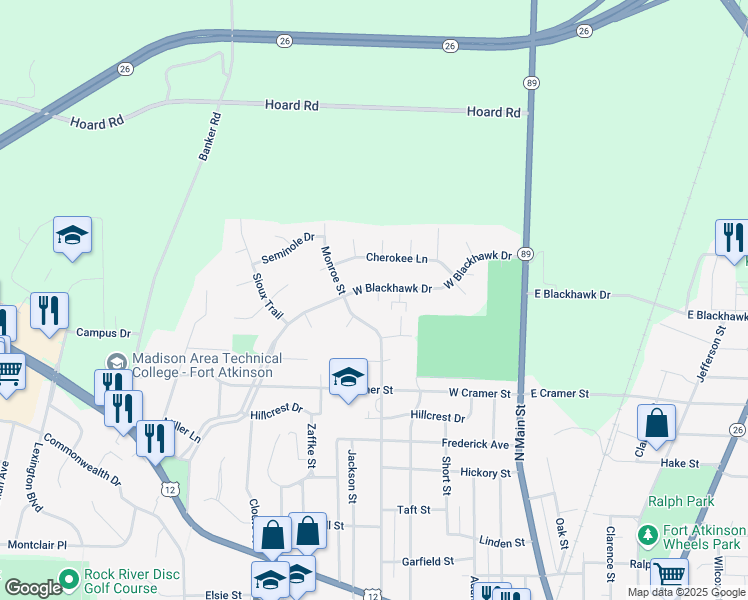 map of restaurants, bars, coffee shops, grocery stores, and more near 1018 Monroe Street in Fort Atkinson