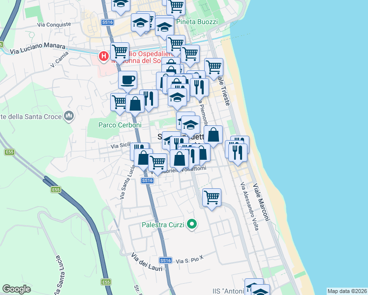map of restaurants, bars, coffee shops, grocery stores, and more near 134 Viale Alcide de Gasperi in San Benedetto del Tronto