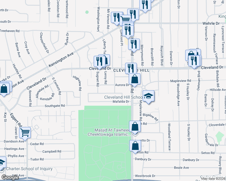 map of restaurants, bars, coffee shops, grocery stores, and more near 81 Fontaine Drive in Buffalo