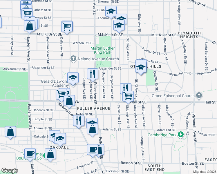 map of restaurants, bars, coffee shops, grocery stores, and more near 1124 Underwood Avenue Southeast in Grand Rapids