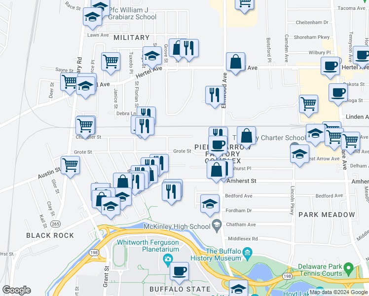 map of restaurants, bars, coffee shops, grocery stores, and more near 264 Grote Street in Buffalo