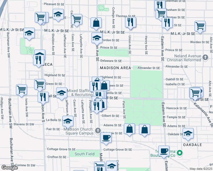 map of restaurants, bars, coffee shops, grocery stores, and more near 430 Woodlawn Street Southeast in Grand Rapids