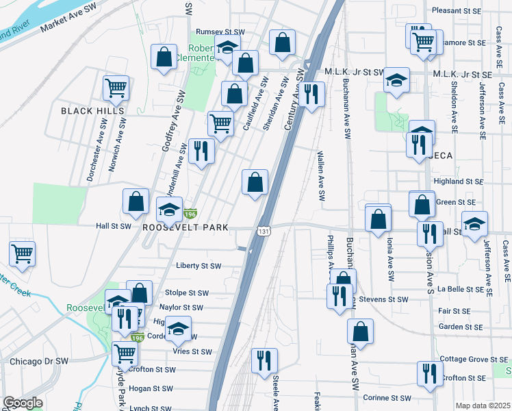 map of restaurants, bars, coffee shops, grocery stores, and more near in Grand Rapids