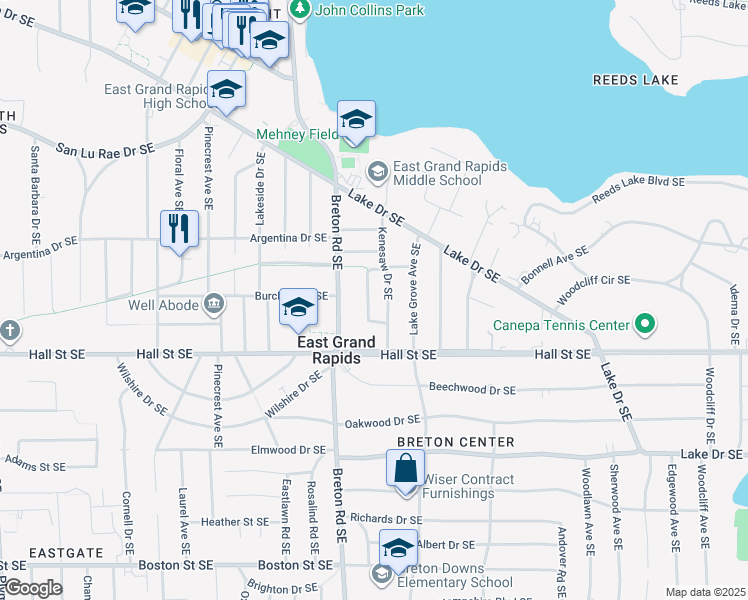 map of restaurants, bars, coffee shops, grocery stores, and more near 1129 Kenesaw Drive Southeast in Grand Rapids