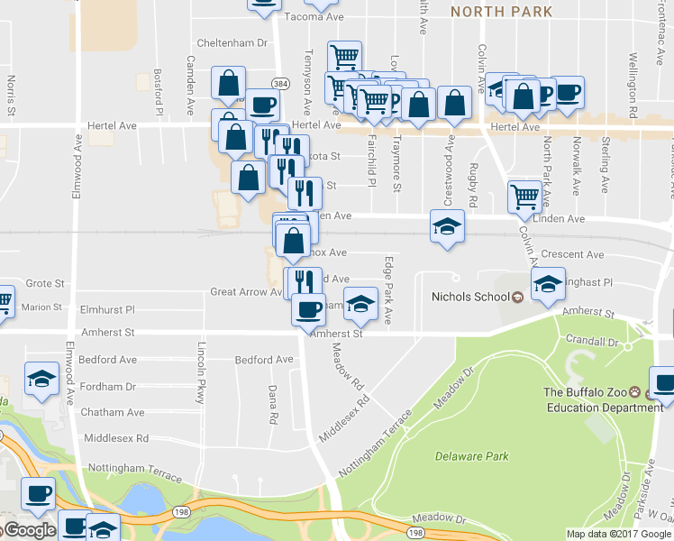 map of restaurants, bars, coffee shops, grocery stores, and more near 48 Rand Avenue in Buffalo