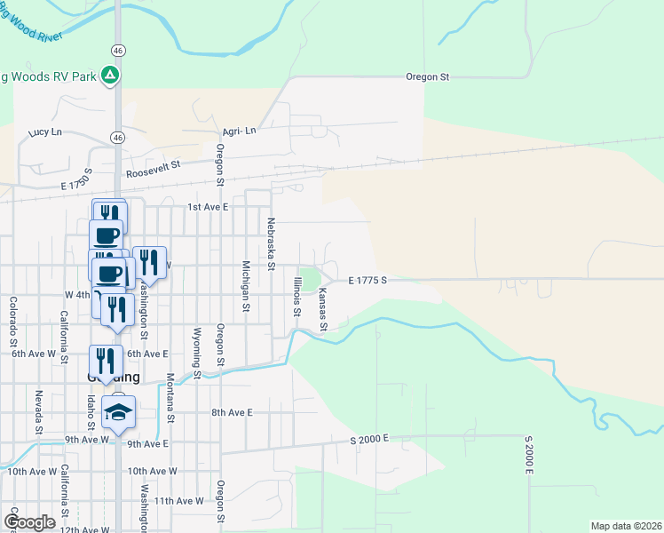 map of restaurants, bars, coffee shops, grocery stores, and more near 1953 East 1775 South in Gooding