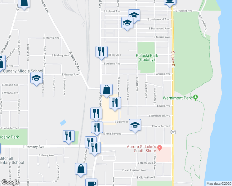 map of restaurants, bars, coffee shops, grocery stores, and more near 3671 East Wanda Avenue in Cudahy
