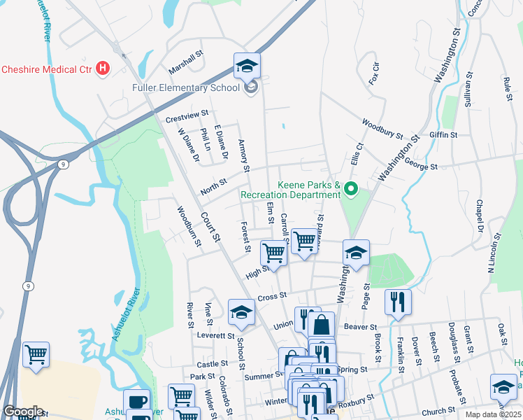 map of restaurants, bars, coffee shops, grocery stores, and more near 17 Baldwin Street in Keene
