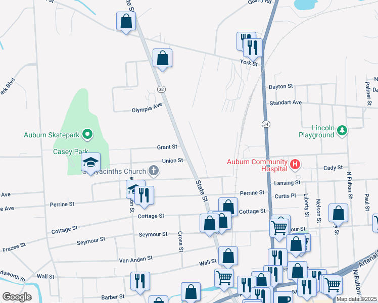 map of restaurants, bars, coffee shops, grocery stores, and more near 220 New York 38 in Auburn