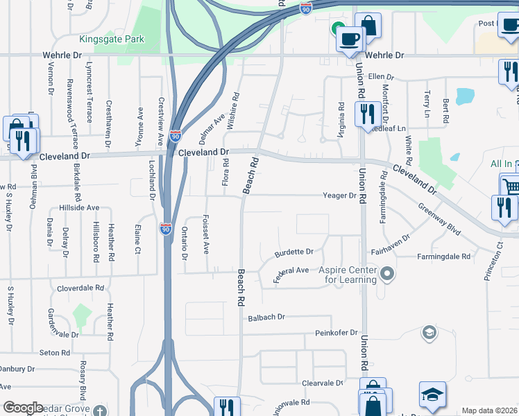 map of restaurants, bars, coffee shops, grocery stores, and more near 23 Duchess Court in Buffalo