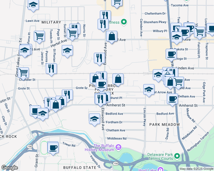 map of restaurants, bars, coffee shops, grocery stores, and more near 300 Great Arrow Avenue in Buffalo