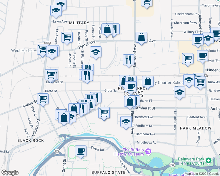 map of restaurants, bars, coffee shops, grocery stores, and more near 259 Grote Street in Buffalo