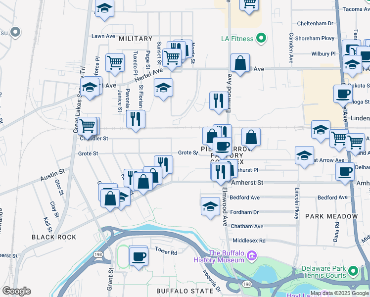 map of restaurants, bars, coffee shops, grocery stores, and more near 259 Grote Street in Buffalo