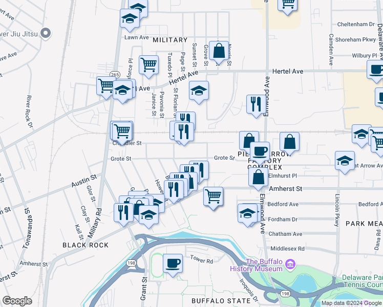 map of restaurants, bars, coffee shops, grocery stores, and more near 181 Grote Street in Buffalo