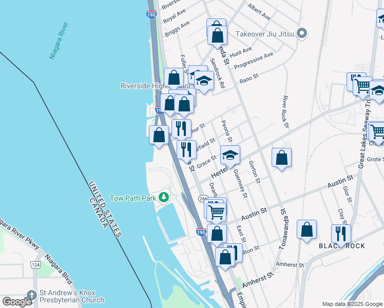 map of restaurants, bars, coffee shops, grocery stores, and more near 2121 Niagara Street in Buffalo